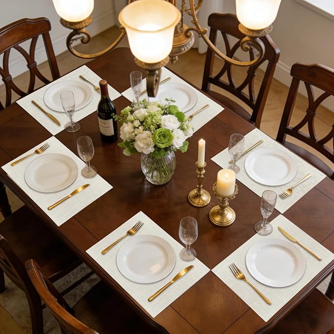 Beige Cloth Placemats Set of 6 - Washable Dining Table Mats Cloth Place Mats for Kitchen Place Mats Rectangle Farmhouse Fall Placemats for Indoors & Outdoors, Easy to Clean 12 x 18 Inch