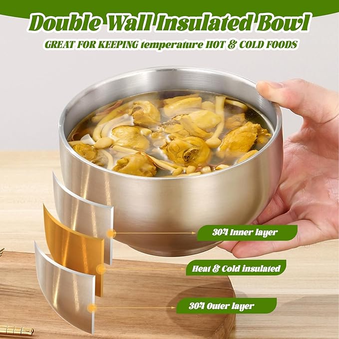 3 Pack 28 oz Stainless Steel Bowls, Double Wall Insulated Bowls 6 Inch Metal Bowl for Cereal Soup Ice Cream Eating