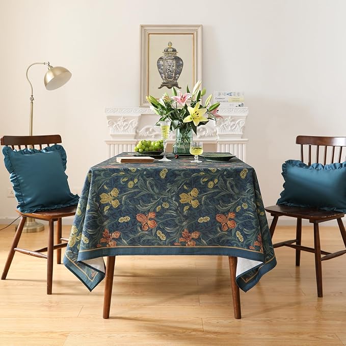 patdrea Designer Dark Blue Linen Square Tablecloth,Vintage French Rustic Floral Pattern Tablecloths,Decorative Table Cover Cloth for Kitchen,Dining,Tea Party,Home,Christmas,67"*67"