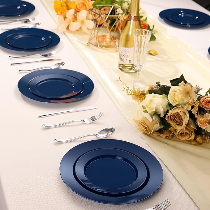 Goodluck 200PCS Navy Blue Plastic Plates, Heavy Duty Disposable Clear Plates with 100 10.25 inch Dinner Plates and 100 7.5 inch Dessert Plates for Party, Holiday, Wedding, Thanksgiving