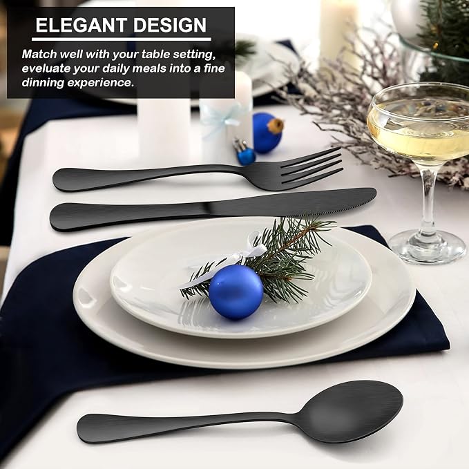 LIANYU 60 Piece Matte Black Silverware Set, Satin Finish Cutlery Set - Image 4
