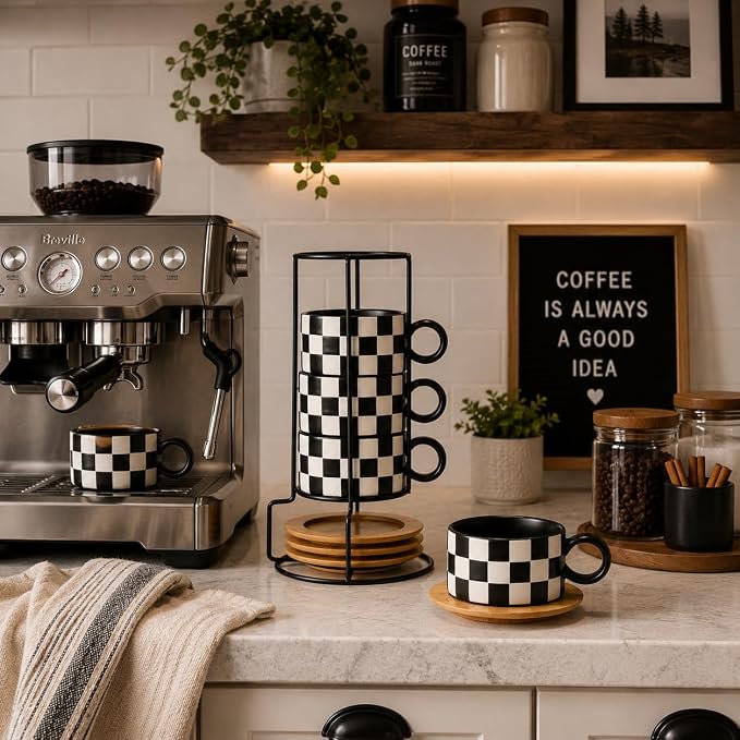 LUKA 6 Ounce Ceramic Stackable Black and White Checkered Espresso Cups - Image 8