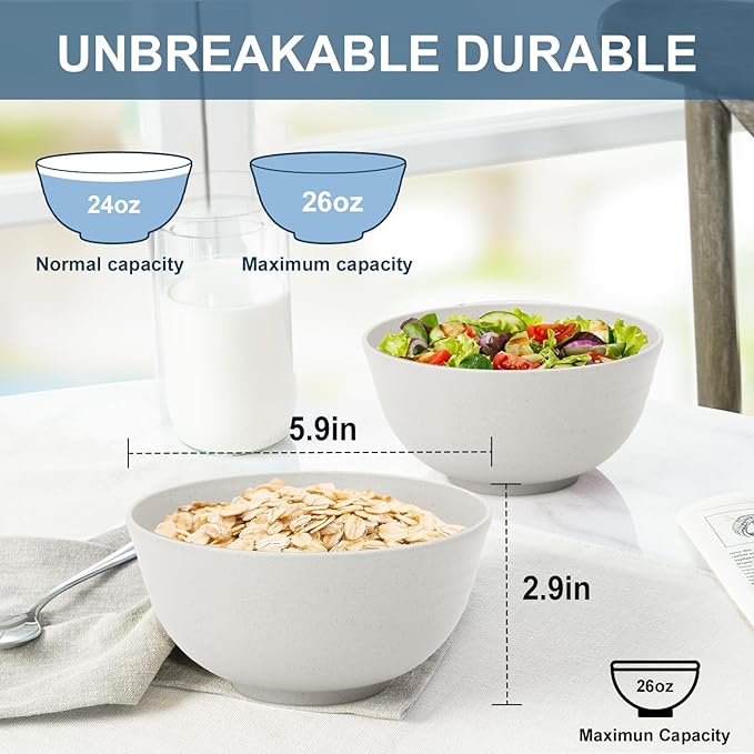 Wheat Straw Bowl 26oz, Cereal Bowls Sets of 6, Unbreakable Soup & Salad Bowl, Microwave & Dishwasher Safe Plastic Bowls for Kitchen, Dorm, Office, BBQ,Travel - White