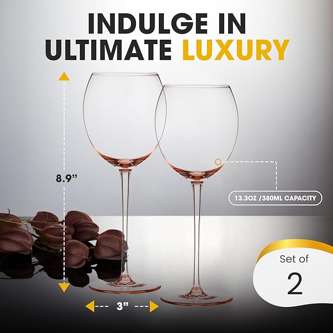 Colored Red Wine Glasses Set of 2 - Elegant Long Stem Wine Glass - 13.3oz (Rose Pink)
