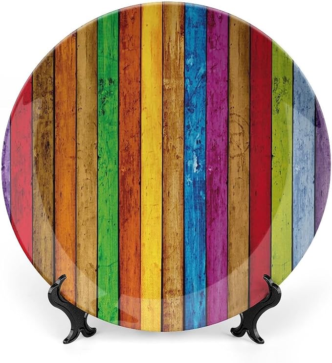 Ceramic Display Plate, Abstract Ceramic Hanging Decorative Plate, Vibrant Wooden Artistic Cheerful Art Rainbow Image, 6 Inch, Household Custom Ceramic Plate, Multicolor