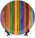 Decorative Plates, Abstract Print Ornament, Vibrant Wooden Artistic Cheerful Art Rainbow Image, 7 Inch, 1 Plate with 1 Display Stand, Multicolor