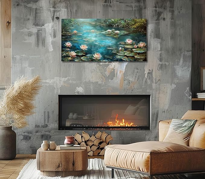 ADJUVANT Wall Art Impressionist Water Lily Pond 40" L x 20" W, Lotus Flower Canvas Painting Nature Artwork Green Water and Pink Blooms Prints Wall Decor for Living Room Bedroom Study Home Office