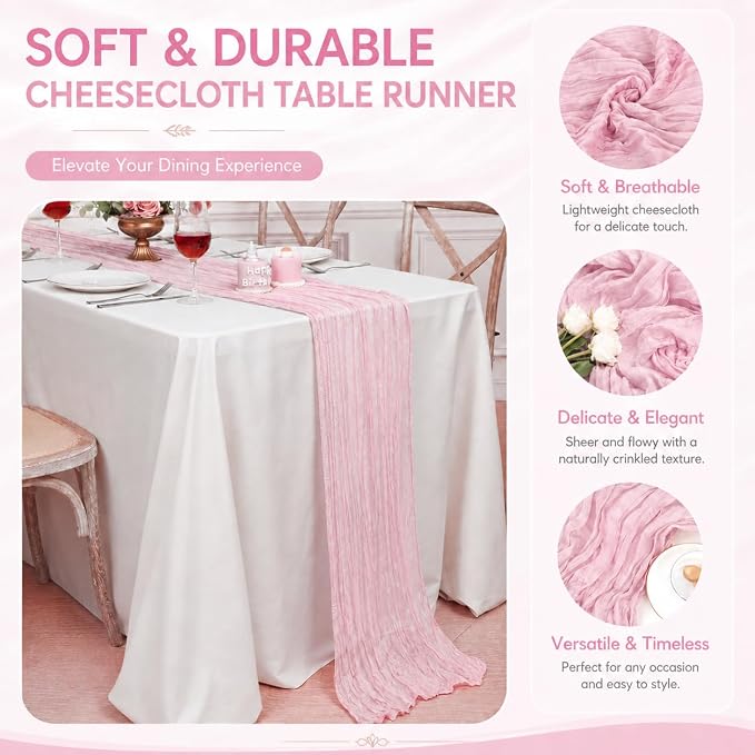 2 Pack Pink Cheesecloth Table Runner 17x108 Inch Boho Rustic Semi Sheer Gauze - Image 4