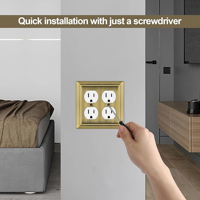 Metal Wall Plate for Electrical Outlets, Decorative Antique Brass Switch Plates Outlet Cover, Light Switch Cover Plate, 2-Gang Wall Plates (Double Duplex Outlet, 2 Pack)