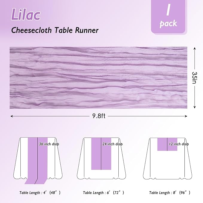 1 Pack Lilac Purple Cheesecloth Table Runner 120 Inch Boho Wedding Decor | - Image 2