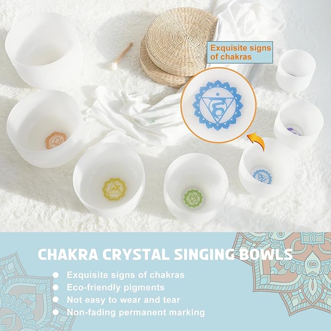 440HZ 6"-12" Set of 7 Paternoster Frosted Quartz Crystal Singing Bowl Set for Chakra Healing with 2 pcs Carrying Case