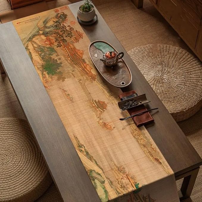 Asian Style Bamboo Table Runner, Ancient Chinese Paintings Zen Table Mat by Unknown