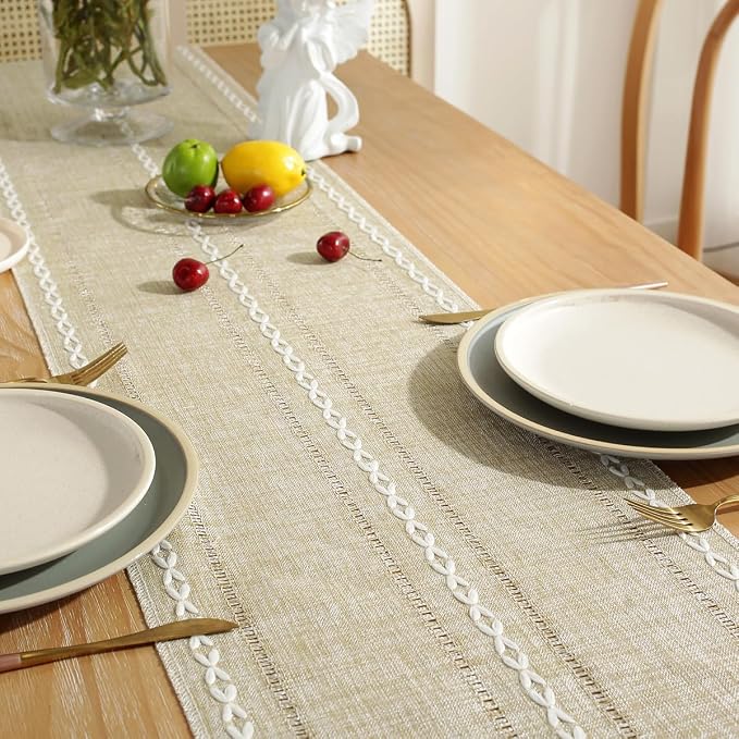 Wracra Rustic Linen Table Runner, Coffee Table Runners 108 inches Long | Raised - Image 2