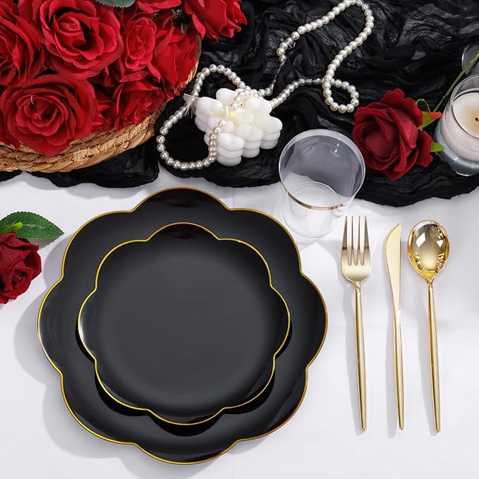 EI 180pcs Black Plastic Plates with Gold Plastic Silverware,Black and Gold Plates Disposable,Heavy Duty Plate for Party,Wedding,Anniversary,Spring Afternoon Tea Business Event