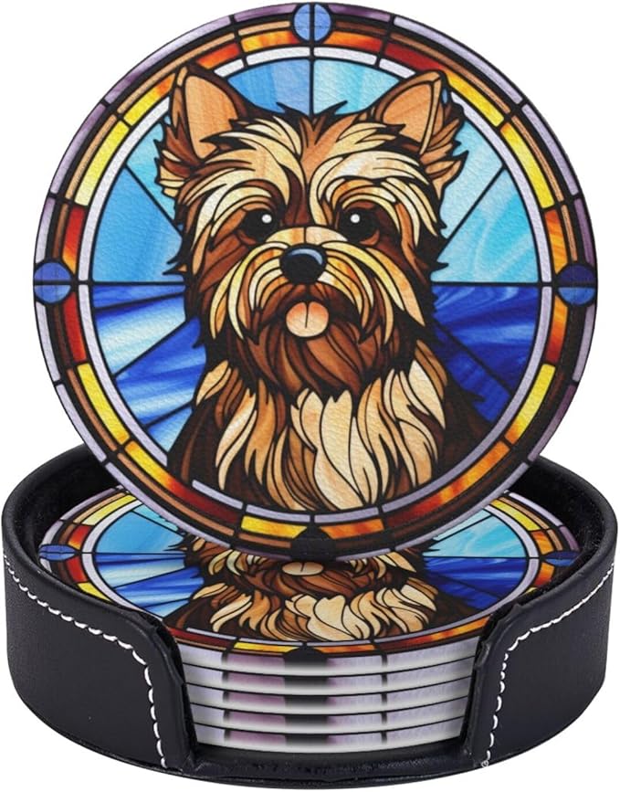 Drink Coaster Set of 6, Yorkshire Terrier Dog Mom Lover Gift,Leather Drink Coasters with Holder,6 Pack Cup/Bar/Drink Coasters for Table/Drinks/Coffee Protection Housewarming Gift