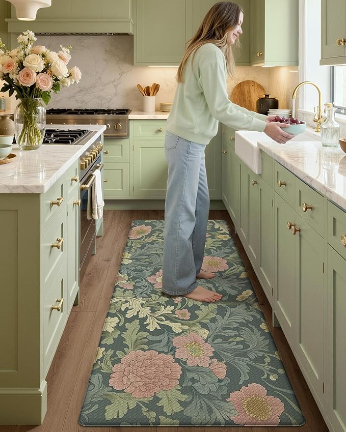 Color&Geometry Floral Kitchen Mat 24"x59", Anti Fatigue Mats for Kitchen Floor, Kitchen Rugs Non Slip, Waterproof & Oil Proof Kitchen Runner for Standing Desk Office, Sink - Dusty Blue