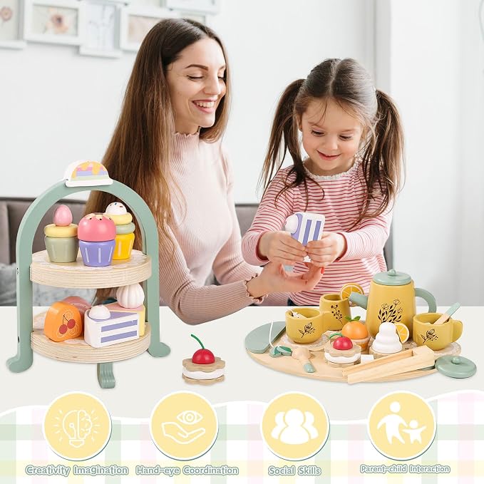Wooden Tea Party Set for Little Girls Pretend Food Play for Toddler 3-5 | Kids - Image 5