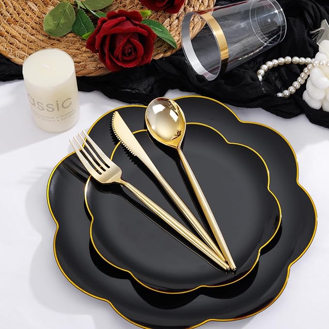 EI 180pcs Black Plastic Plates with Gold Plastic Silverware,Black and Gold Plates Disposable,Heavy Duty Plate for Party,Wedding,Anniversary,Spring Afternoon Tea Business Event