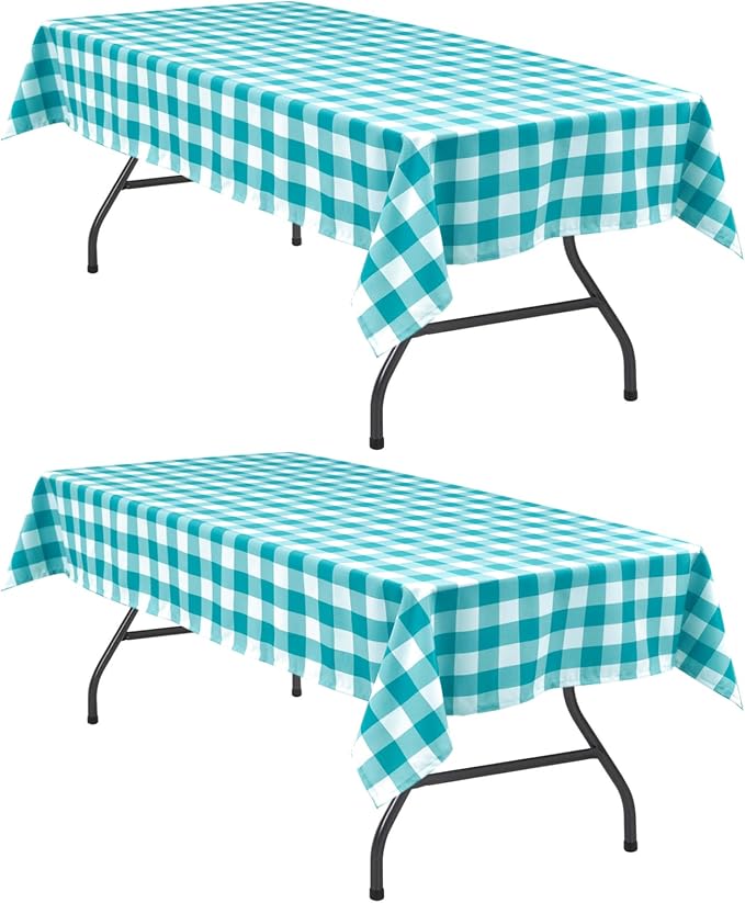 Plaid Tablecloth 2 Pack, 60 x 84 inch, Turquoise and White | Waterproof by Hiasan