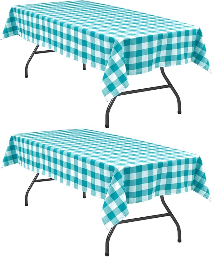 Plaid Tablecloth 2 Pack, 60 x 120 inch, Turquoise and White | Waterproof by Hiasan