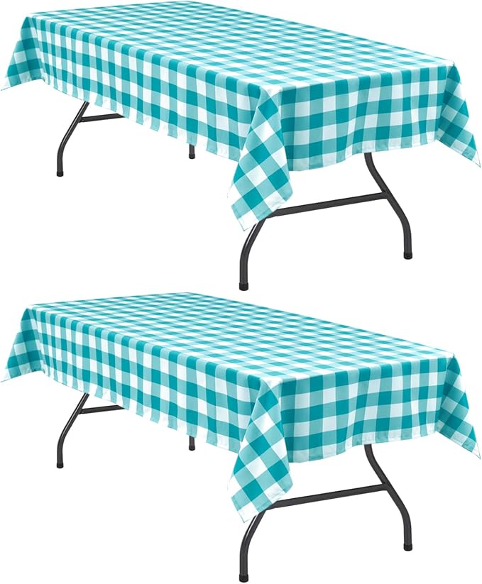 Plaid Tablecloth 2 Pack, 54 x 80 inch, Turquoise and White | Waterproof by Hiasan