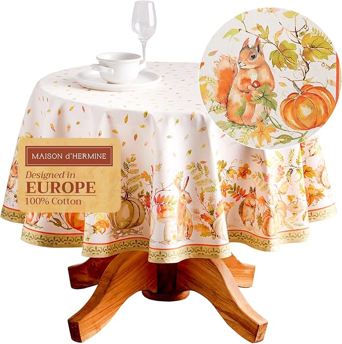 Maison d' Hermine Table Cloth Round Table 100% Cotton 69 Inches Fall Tablecloth Reusable Everyday Use for Thanksgiving Christmas Decorations Dining Farmhouse Party (Pumpkin Passion)