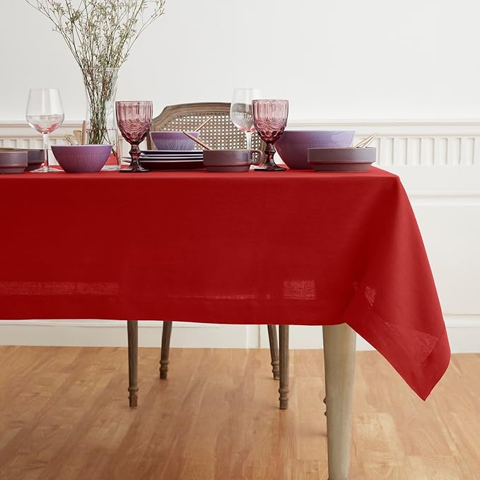 Solino Home Linen Red Tablecloth 60 x 108 Inch - 100% Pure Linen Rectangular Tablecloth - Machine Washable Table Cloth for Valentines, Winter - Fete