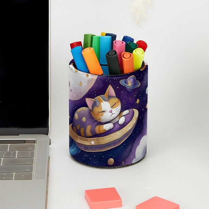 Leather Pen Holder for Desk, Planet Cat Pencil Cup Pen Organizer Makeup Brush - Image 5