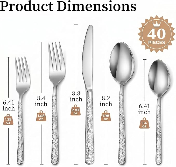 40 Piece Silverware Set for 8, Vintage Stainless Steel Flatware Set | Stone - Image 2
