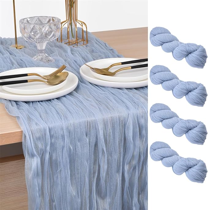 Joanlody Blue Cheesecloth Table Runner Spring Easter 10Ft Rustic Gauze Boho Cheese Cloth Table Runner for Wedding Bridal Baby Shower Decoration 4 Pack