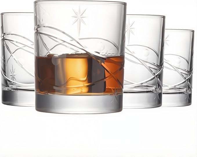SHOSHIN Premium Hand Cut Whiskey Glasses (13 OZ, Set of 4) - Handmade Double Old Fashioned Scotch Glasses - Gift for Bourbon Lovers - Style Glassware for Rum - Space Pattern set 4