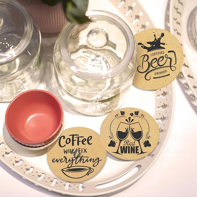 Coasters for Drinks with Holder Set of 6, Coffee Pattern Cork Coaster Absorbent for Desk Office Cup Table Coasters Kitchen Decor House Warming Gifts for New Home Couples, Round 4"