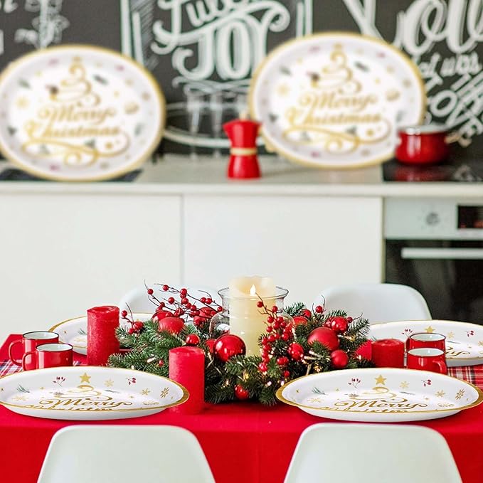Grencian 50pcs Merry Christmas Oval Paper Plates - 10" x 12" Heavy Duty 400GSM Gold Christmas Tree Dessert Plates for Xmas Winter Holiday Party Supplies
