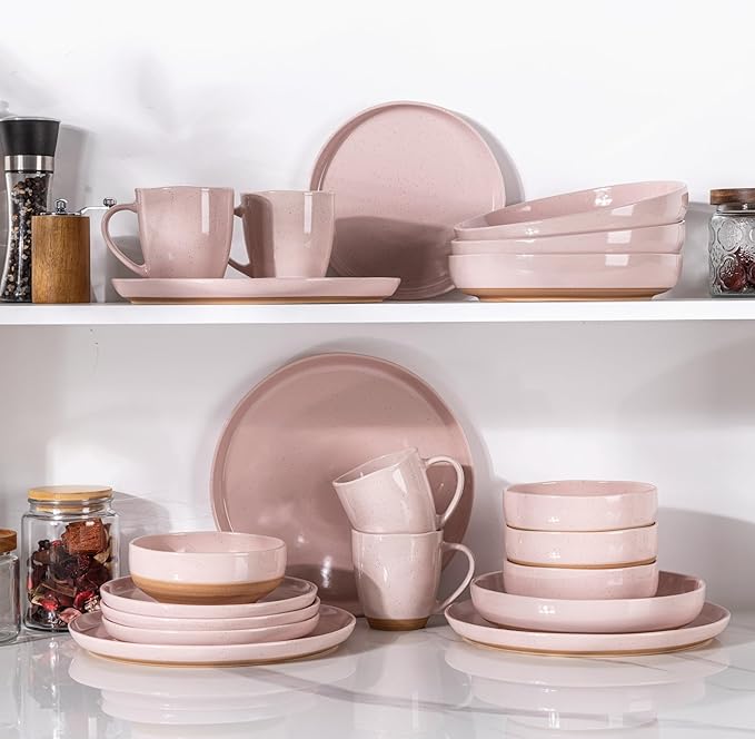 AmorArc 8.75'' Large Ceramic Pasta Bowls, 36oz Handpainted Stoneware Bowls Set of 4, Microwave&Dishwasher Safe Bowls with Rustic Terracotta Underside for Pasta Salad, Cloud Pink