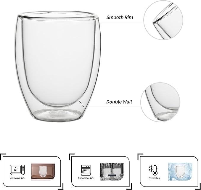 NIRA.Z 4 Pack 11.6oz/343ml Double Wall Glass Coffee Mugs, No Hole Bottom - Image 3