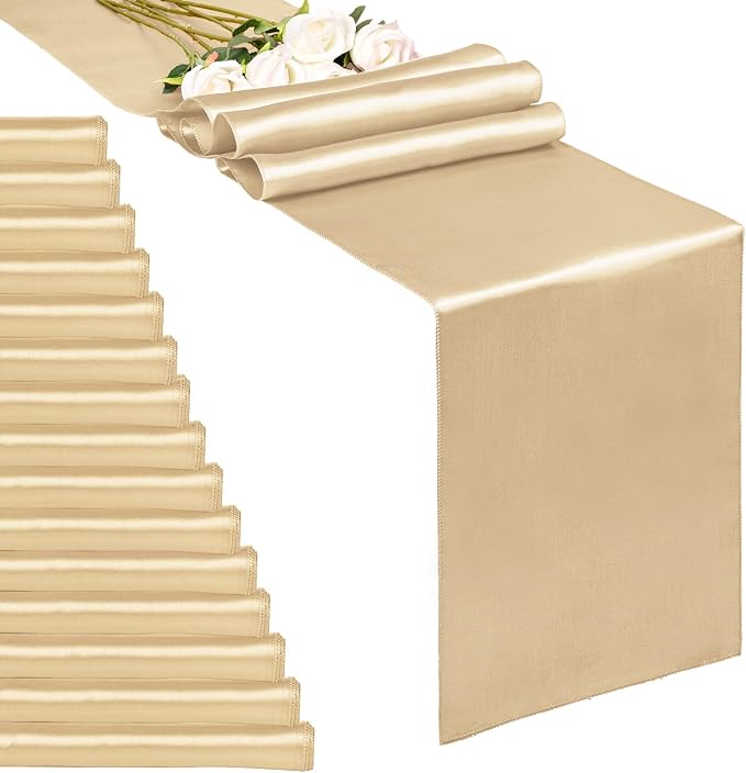 20-Pack Champagne 12 x 108 inches Long Premium Satin Table Runner | Wedding by REWOMC