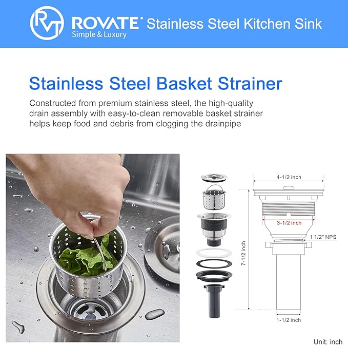 ROVATE 28 ×18 Inch Drop-in Kitchen Sink 304 Stainless Steel Single Bowl, Handmade 18 Gauge 9 Inches Deep Kitchen Sink Topmount with Basket Strainer