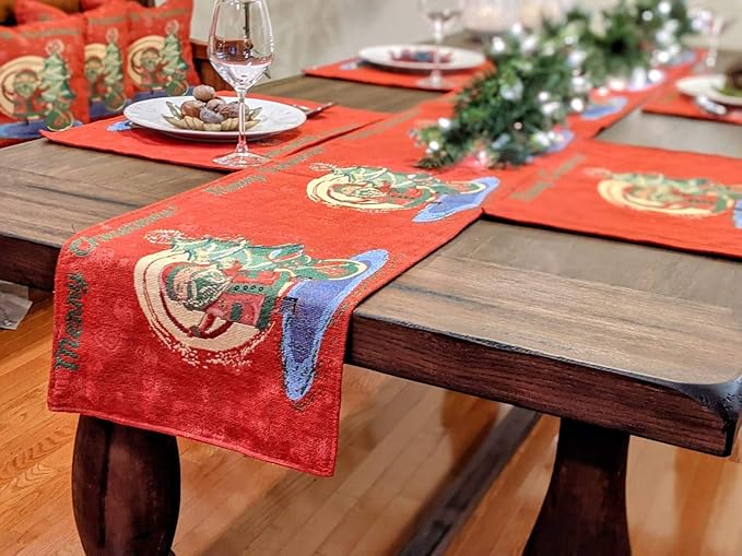 DaDalogy Red Merry Christmas Santa Claus Placemats Set of 4 Festive Winter Holiday Tapestry - Cotton Linen Wove Dining Room Table Mats - 13” x 19” (17615)