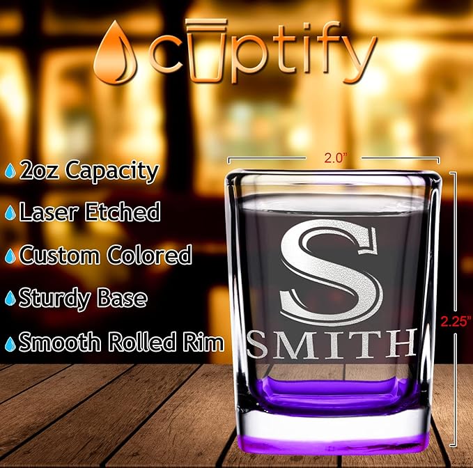 Personalized Shot Glasses Set of 6 Initial and Name 2oz Purple Bottom Etched Square Shot Glass Engraved with Custom Text Birthday Gift for Men and Women