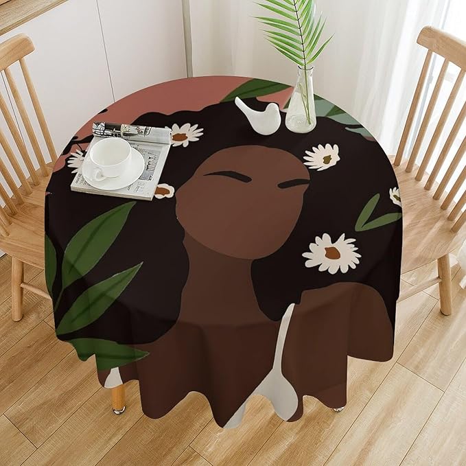 Bohemian Retro Mid Century Round Tablecloth, African Woman Girl Leaves Flower Tablecloth for Home Party Dining Room Kitchen Decor 60Inch(152cm)