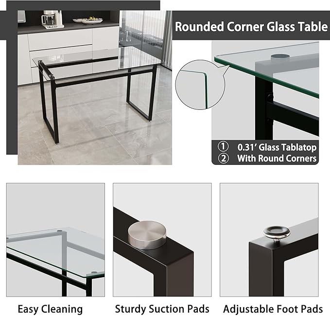 Modern Glass Dining Table Set for 4, Rectangular Kitchen Table Set, 5 Piece Dining Table Set with 1 Tempered Glass Table and 4 PU Dining Chairs for Dining Room, Kitchen,Office