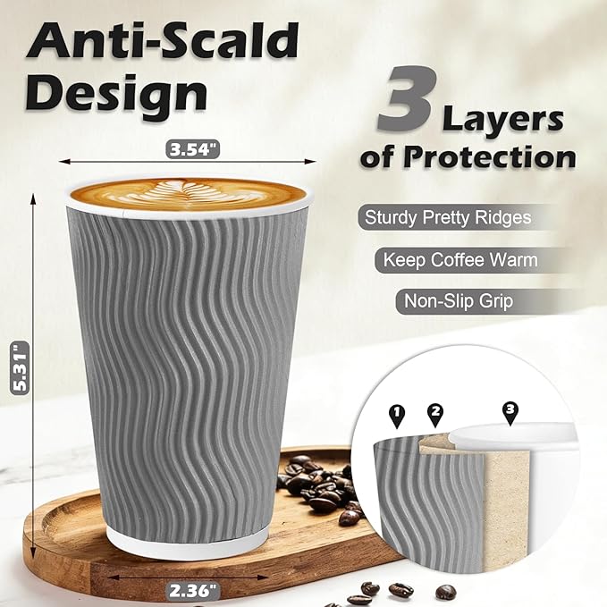 500 Pack 16 oz Disposable Coffee Cups No Lids, Insulated Ripple Wall Paper Coffee Cups 16oz for Hot Chocolate Tea Home Travel Office (Grey)