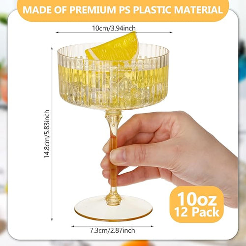 12 Pcs Ribbed Martini Glasses 10 oz Disposable Plastic Vintage Ribbed Coupe Glasses Unbreakable Dessert Parfait Glassware for Wedding Birthday Party Supplies (Gold)