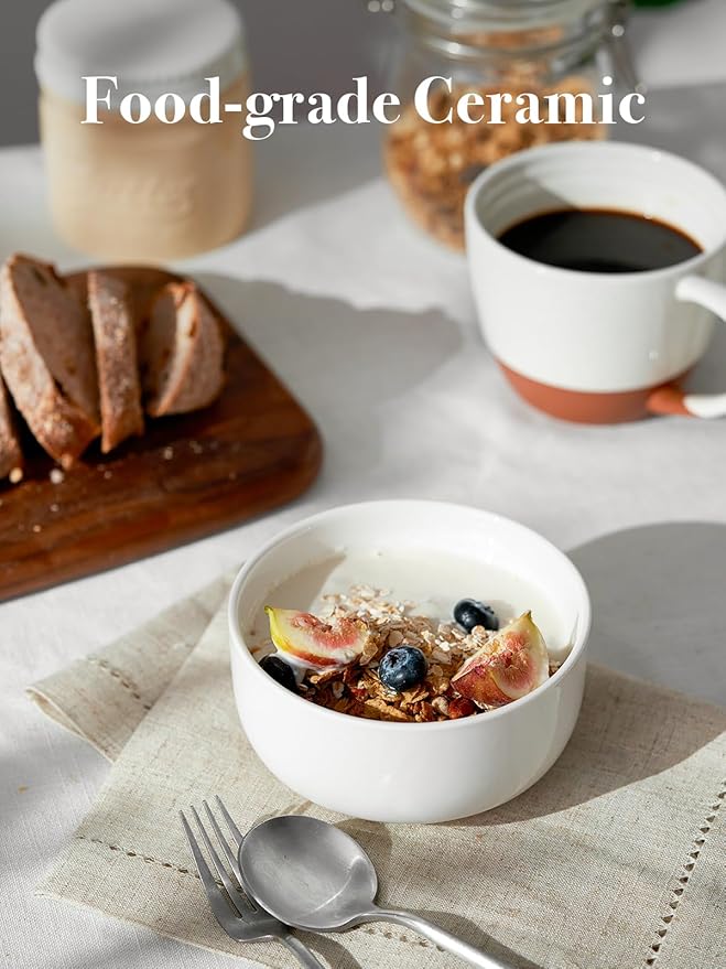 DOWAN White Ceramic Bowls Set of 6, 22 oz Ceramic Cereal Bowls, Everyday Cereal, Soup & Rice Bowls, Stackable Stoneware for Modern Kitchens, Dishwasher & Microwave Safe Bowl
