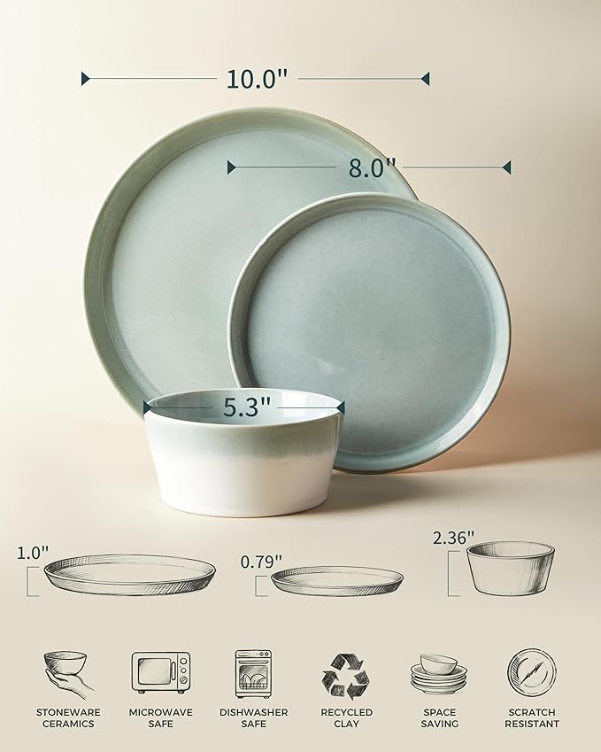 Dinnerware Sets for 8, Ceramic Plates and Bowls Set, Modern Artisan Dish Set, Microwave & Dishwasher Safe Dishware Set, Chip & Scratch Resistant Dinner Sets, Gradient Green