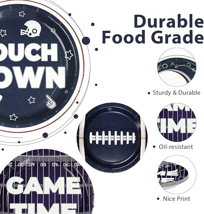60Pcs Cowboys Football Party Supplies 9” Navy Blue Football Paper Plates Footballs Themed Plates Disposable Tableware for Game Day Sports Birthday Party Supplies