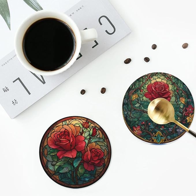 Rose Coasters for Drinks with Holder Round Leather Coasters Set of 6 Cups Mugs Mat Pad for Home Kitchen Bar