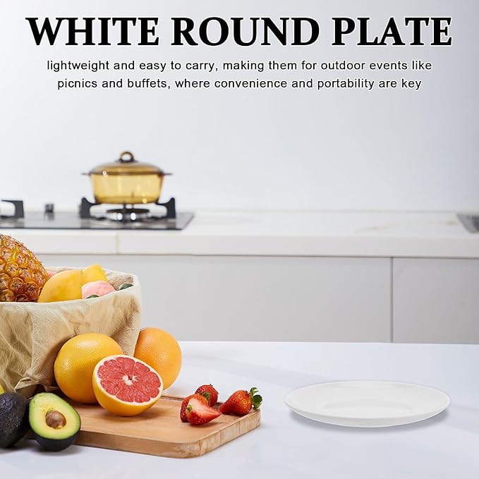 White Plastic Dinner Plates round 201mm Food Tray Sturdy Melamine Tableware for Home and Commercial Use Party Snack Serving Dishes
