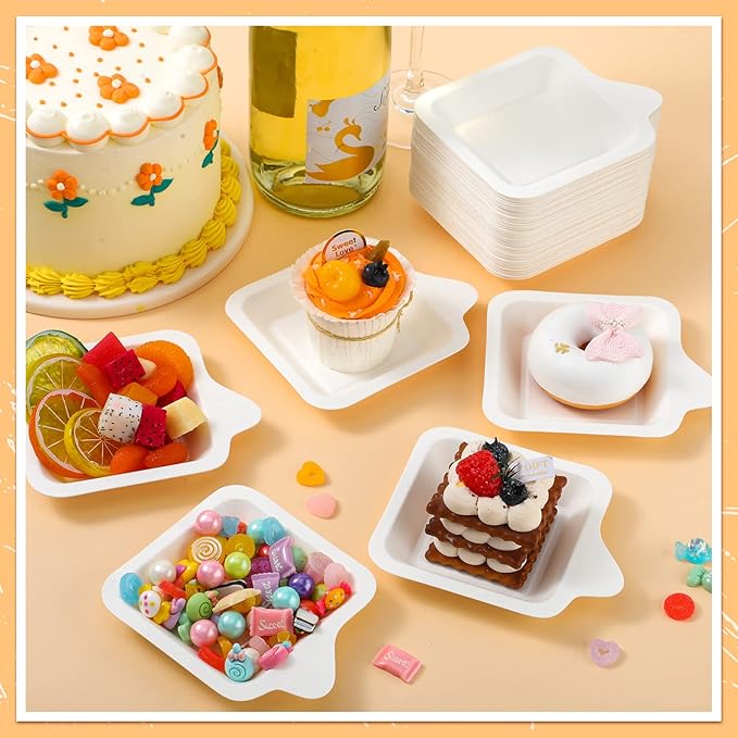 Remerry 200 Pcs Small 4 Inch Paper Plates Bulk Disposable Plates Paper White Square Dessert Cake Party Snack Sugarcane Bagasse Fiber Wedding Birthday Dinner Graduation Pet Feeding (4.41 x 5.24 Inch)