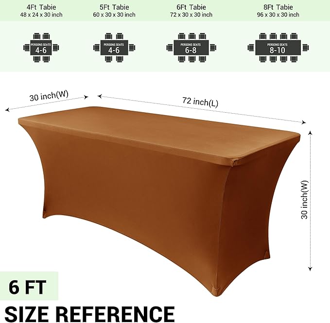 Obstal 6 Pack Stretch Spandex Table Covers for 6 Foot Tables - 6 FT Universal Rectangular Fitted Tablecloth Protector for Wedding, Banquet, Party, 72 Length x 30 Width x 30 Height Inches, Light Coffee